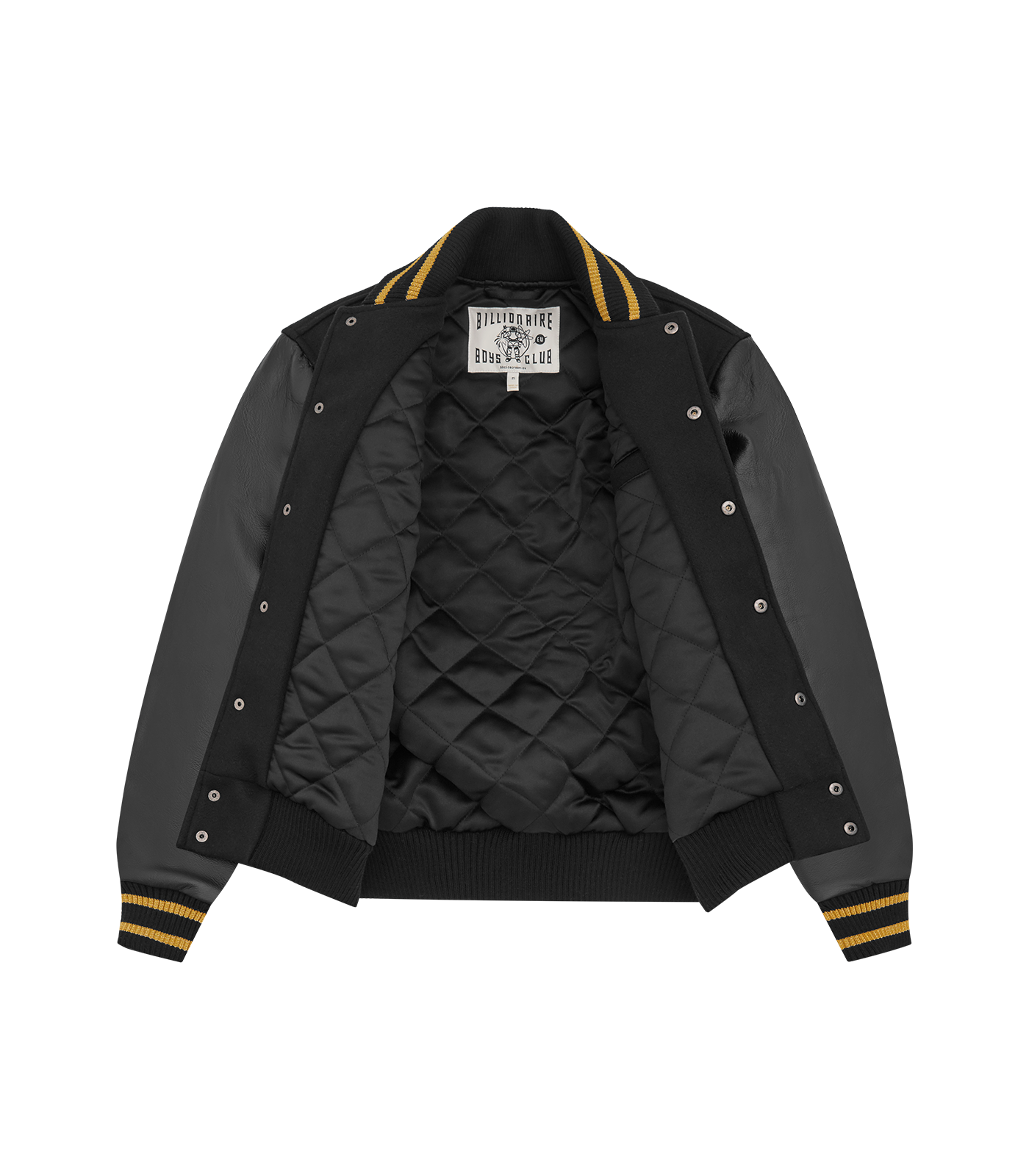 LEATHER SLEEVE VARSITY JACKET BLACK GOLD