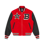 LEATHER SLEEVE COLLEGE SCRIPT VARSITY JACKET - RED/BLACK