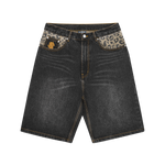 LEOPARD PRINT PANEL ASTRO DENIM SHORTS - BLACK
