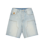 DISTRESSED ASTRO DENIM CARPENTER SHORTS - LIGHT WASH BLUE