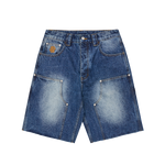 DISTRESSED ASTRO DENIM CARPENTER SHORTS - MID WASH BLUE