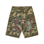 DISTRESSED OVERSIZED CARGO SHORTS - CAMO