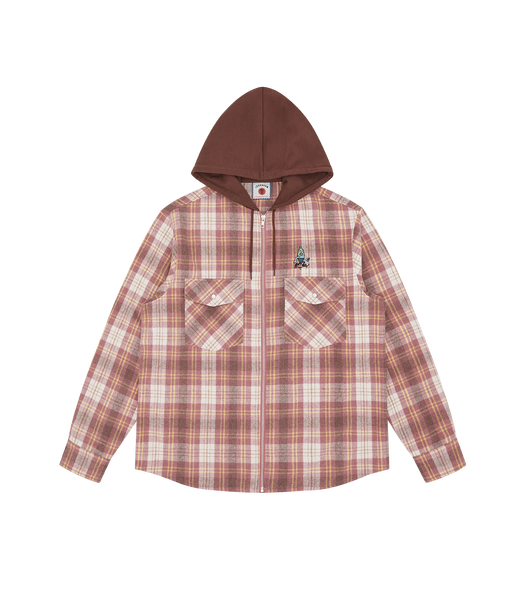HOODED FLANNEL ZIP THROUGH BROWN PINK CHECK