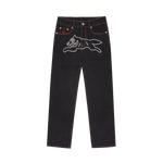 RHINESTONE RUNNING DOG DENIM PANT - BLACK