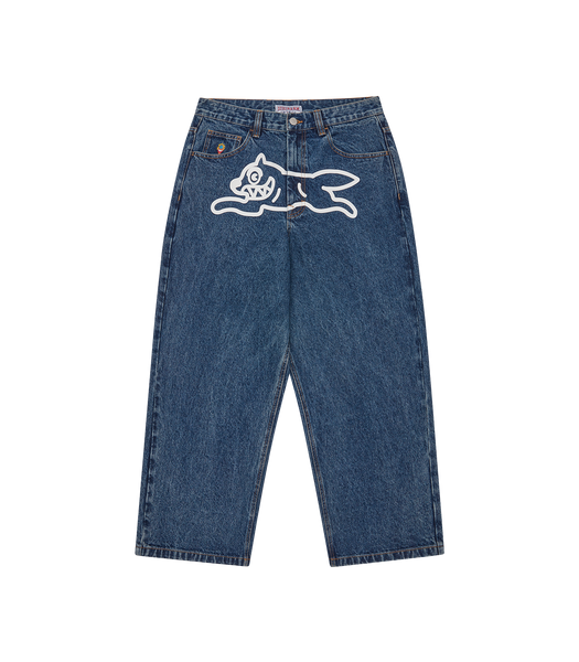 RUNNING DOG TRIPLE SCOOP DENIM PANT - MID WASH BLUE – Billionaire
