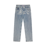 APPLIQUE RUNNING DOG DOUBLE SCOOP DENIM PANTS - LIGHT WASH BLUE