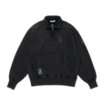 EMBROIDERED LOGO DAMAGED QUARTER ZIP SWEATSHIRT - BLACK