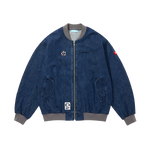 EMBROIDERED RUNNING DOG WASHED DENIM ZIP UP JACKET - BLUE