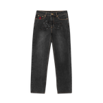 DISTRESSED APPLIQUE RUNNING DOG DENIM PANTS - WASHED BLACK