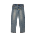 DISTRESSED APPLIQUE RUNNING DOG DENIM PANTS - VINTAGE WASH