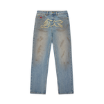 APPLIQUE RUNNING DOG BAGGY DENIM PANTS - DIRTY WASH BLUE