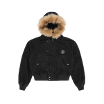 HOODED DENIM BOMBER JACKET - BLACK